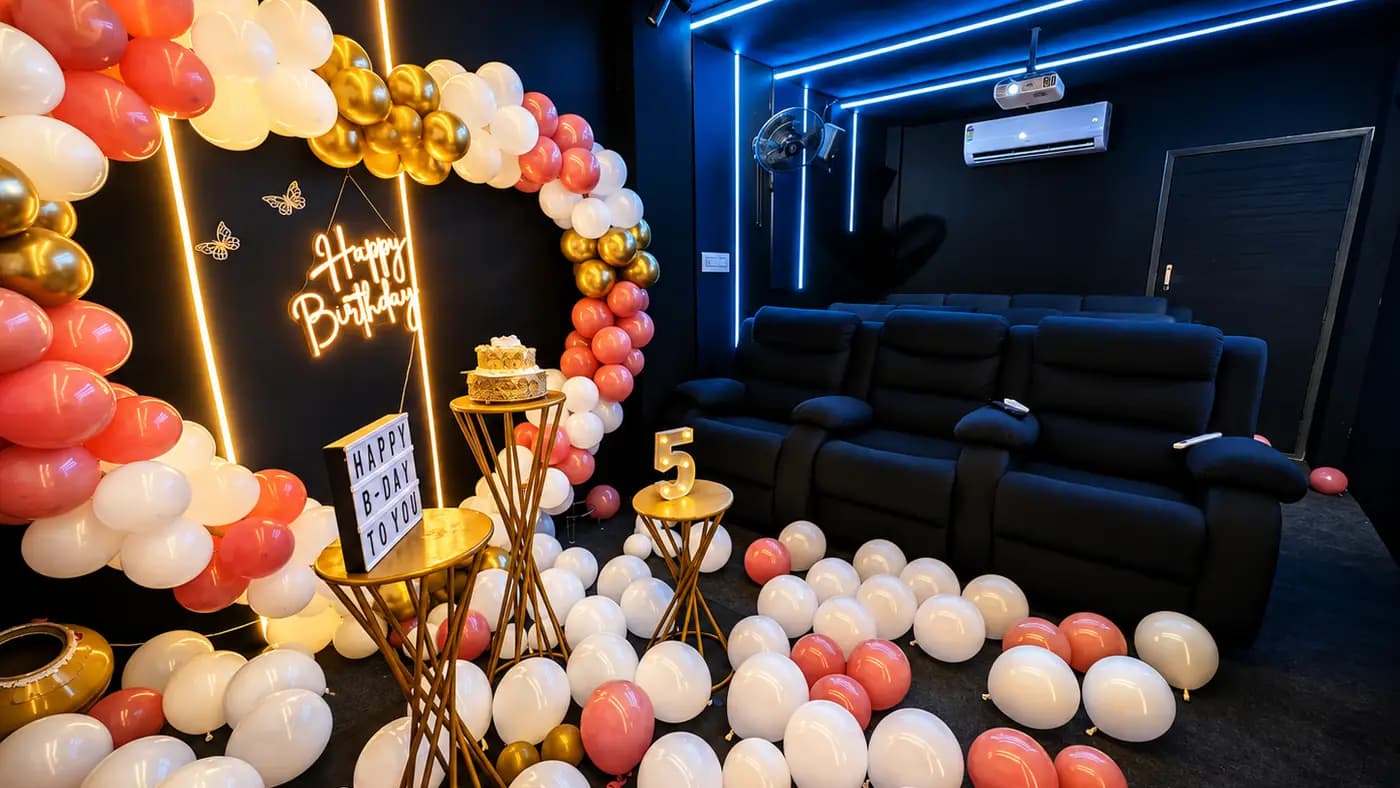Black recliner seats under blue LED strips, beside a coral, cream and gold balloon arch with a neon Happy Birthday sign and a lit HBD board